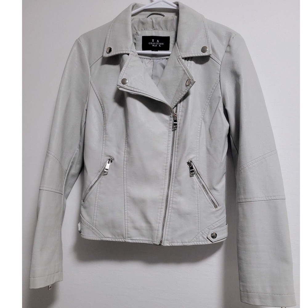 LA Coalition Womens Light Gray Vegan Leather Moto Jacket Size S Asymmetric Zip